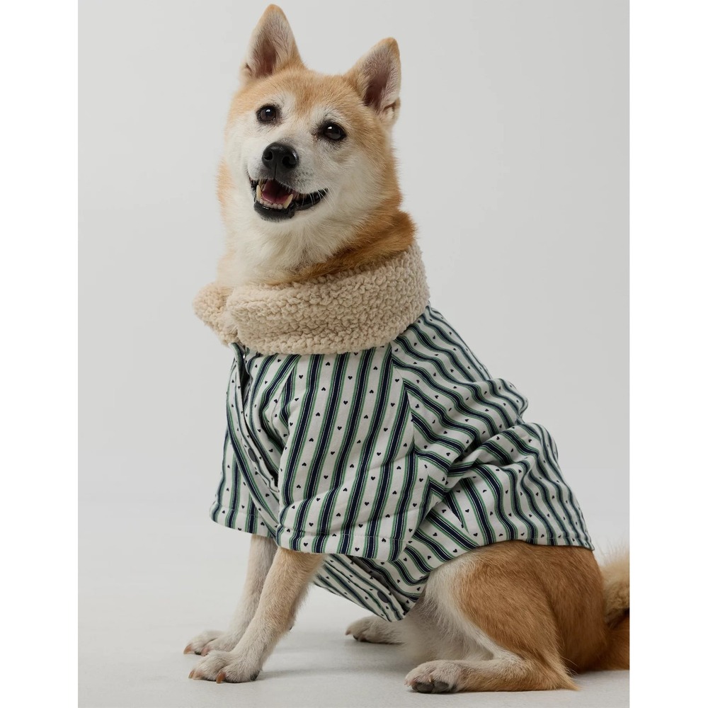 OFFLEASH by Aerie Puppy Flannel Shirt Green Striped Sherpa Collar Dog Coat Large